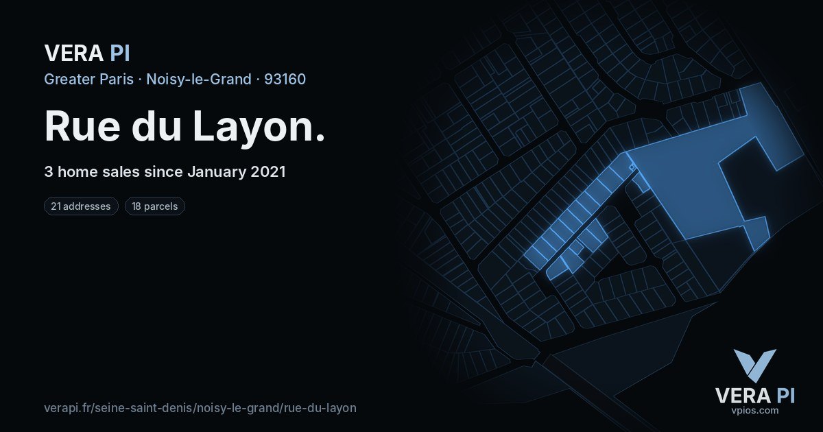 Rue du Layon, Noisy-le-Grand at night – every parcel coloured by the prices around it, the street's own parcels lit