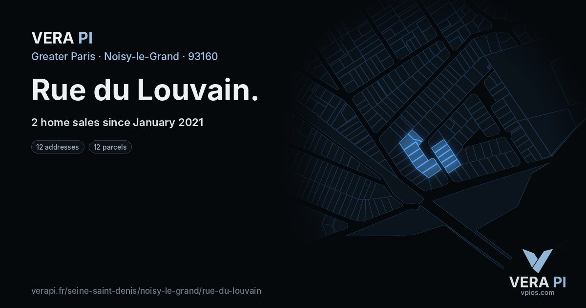 Rue du Louvain, Noisy-le-Grand at night – every parcel coloured by the prices around it, the street's own parcels lit
