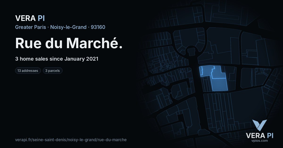 Rue du Marché, Noisy-le-Grand at night – every parcel coloured by the prices around it, the street's own parcels lit