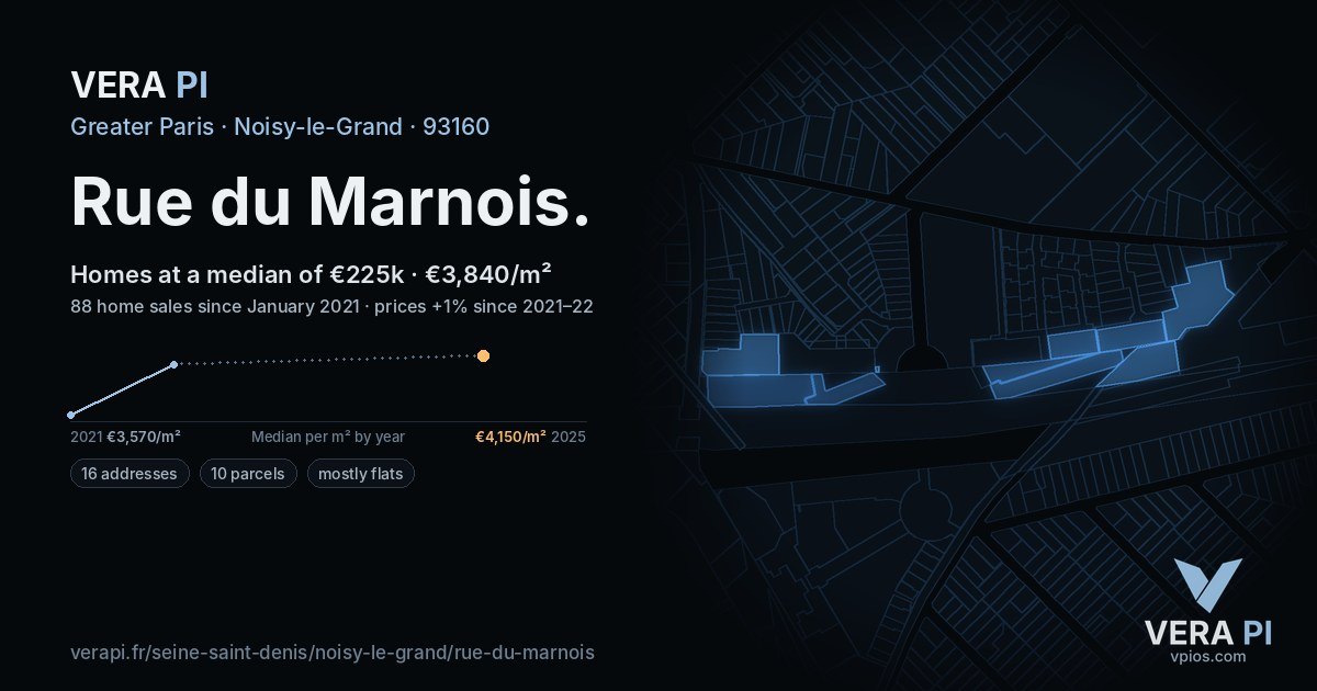 Rue du Marnois, Noisy-le-Grand at night – every parcel coloured by the prices around it, the street's own parcels lit