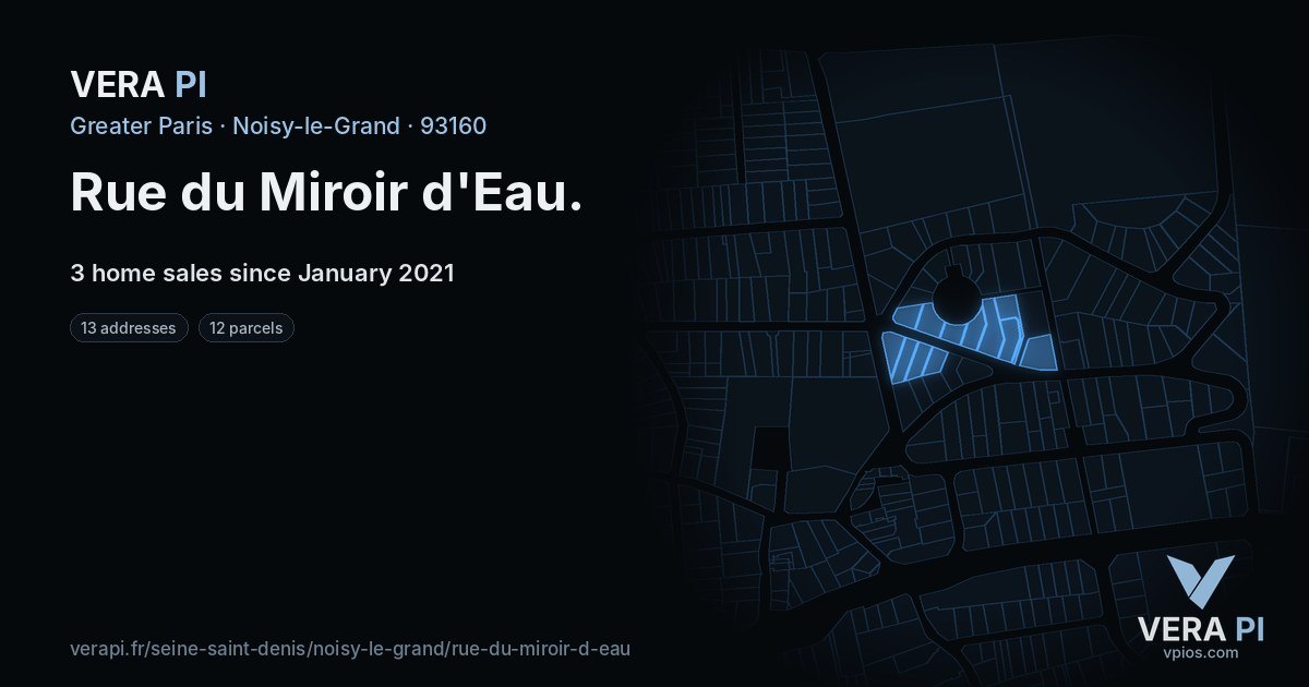 Rue du Miroir d'Eau, Noisy-le-Grand at night – every parcel coloured by the prices around it, the street's own parcels lit
