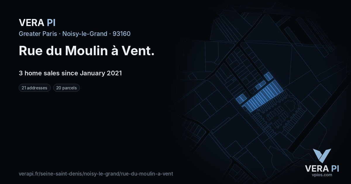 Rue du Moulin à Vent, Noisy-le-Grand at night – every parcel coloured by the prices around it, the street's own parcels lit