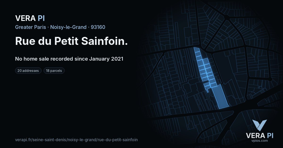 Rue du Petit Sainfoin, Noisy-le-Grand at night – every parcel coloured by the prices around it, the street's own parcels lit