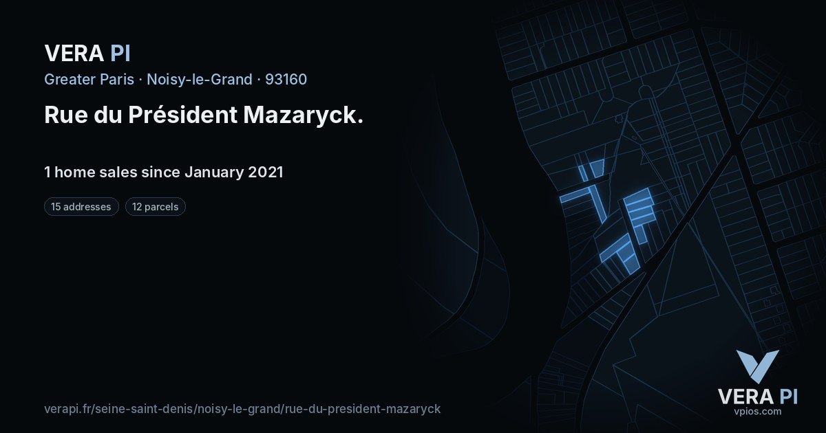 Rue du Président Mazaryck, Noisy-le-Grand at night – every parcel coloured by the prices around it, the street's own parcels lit