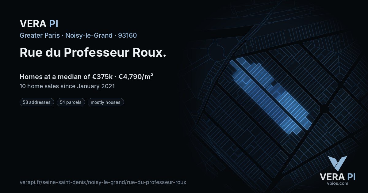 Rue du Professeur Roux, Noisy-le-Grand at night – every parcel coloured by the prices around it, the street's own parcels lit