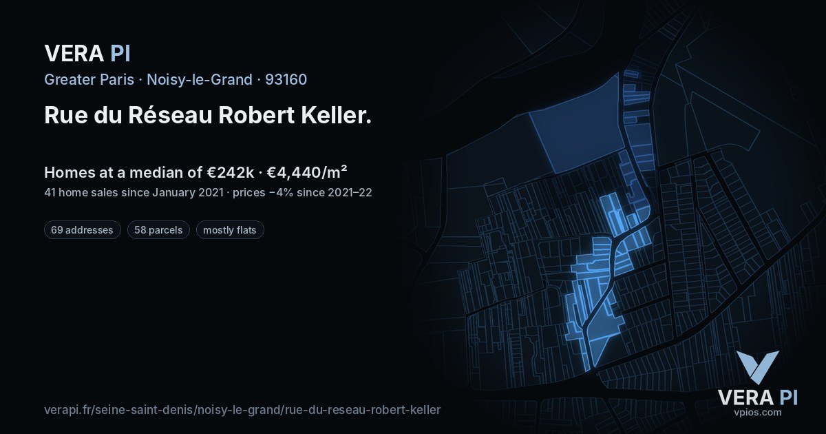 Rue du Réseau Robert Keller, Noisy-le-Grand at night – every parcel coloured by the prices around it, the street's own parcels lit