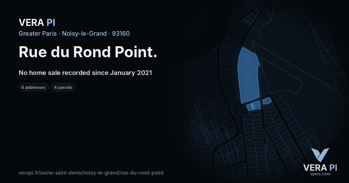 Rue du Rond Point, Noisy-le-Grand at night – every parcel coloured by the prices around it, the street's own parcels lit