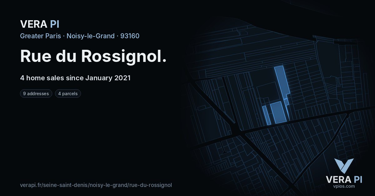 Rue du Rossignol, Noisy-le-Grand at night – every parcel coloured by the prices around it, the street's own parcels lit