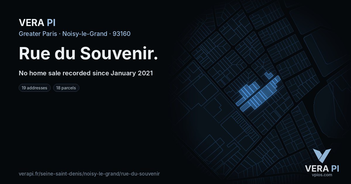 Rue du Souvenir, Noisy-le-Grand at night – every parcel coloured by the prices around it, the street's own parcels lit