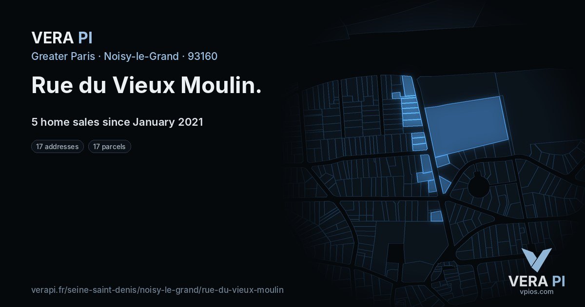 Rue du Vieux Moulin, Noisy-le-Grand at night – every parcel coloured by the prices around it, the street's own parcels lit