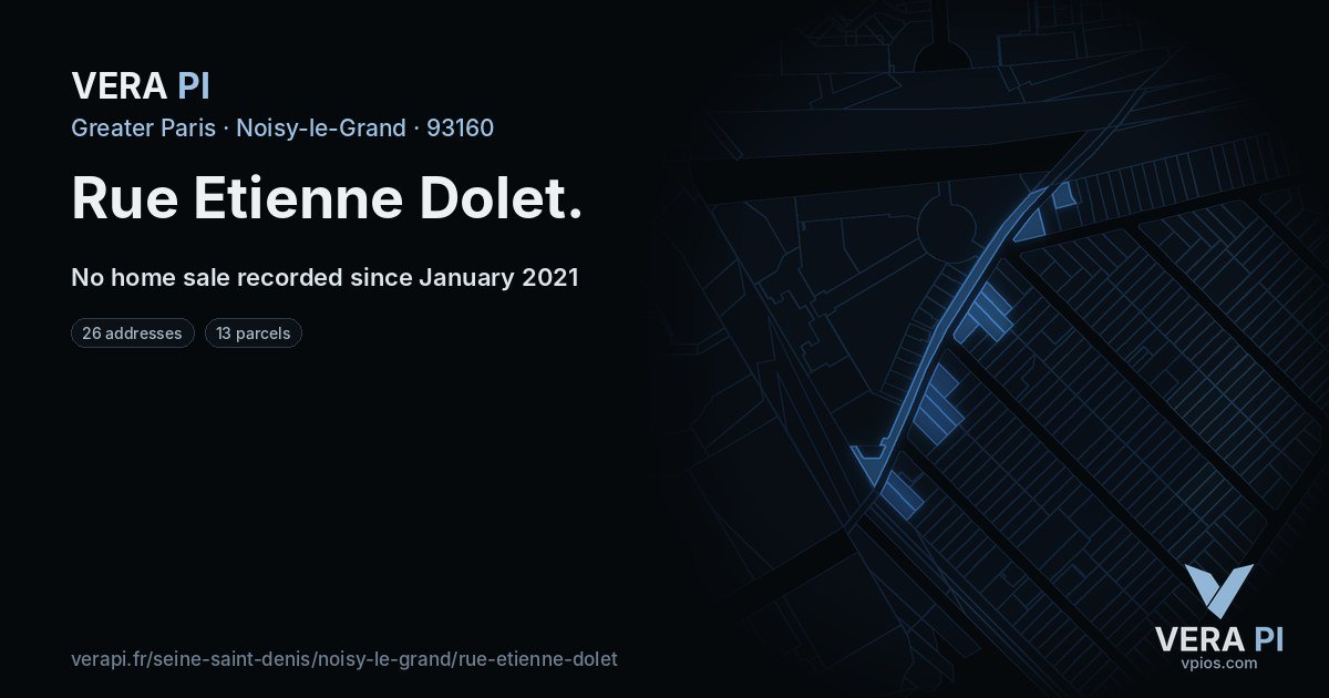 Rue Etienne Dolet, Noisy-le-Grand at night – every parcel coloured by the prices around it, the street's own parcels lit