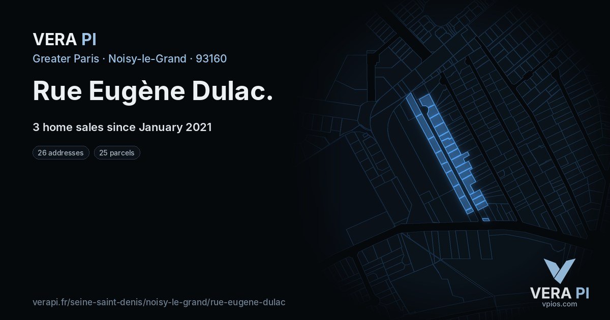 Rue Eugène Dulac, Noisy-le-Grand at night – every parcel coloured by the prices around it, the street's own parcels lit