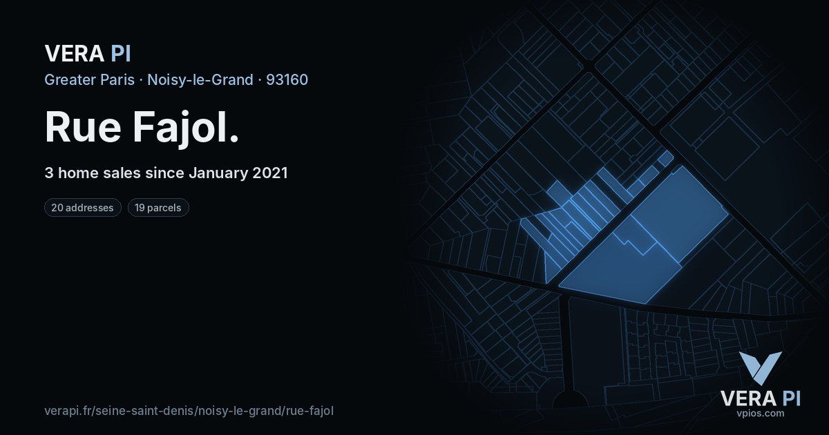 Rue Fajol, Noisy-le-Grand at night – every parcel coloured by the prices around it, the street's own parcels lit