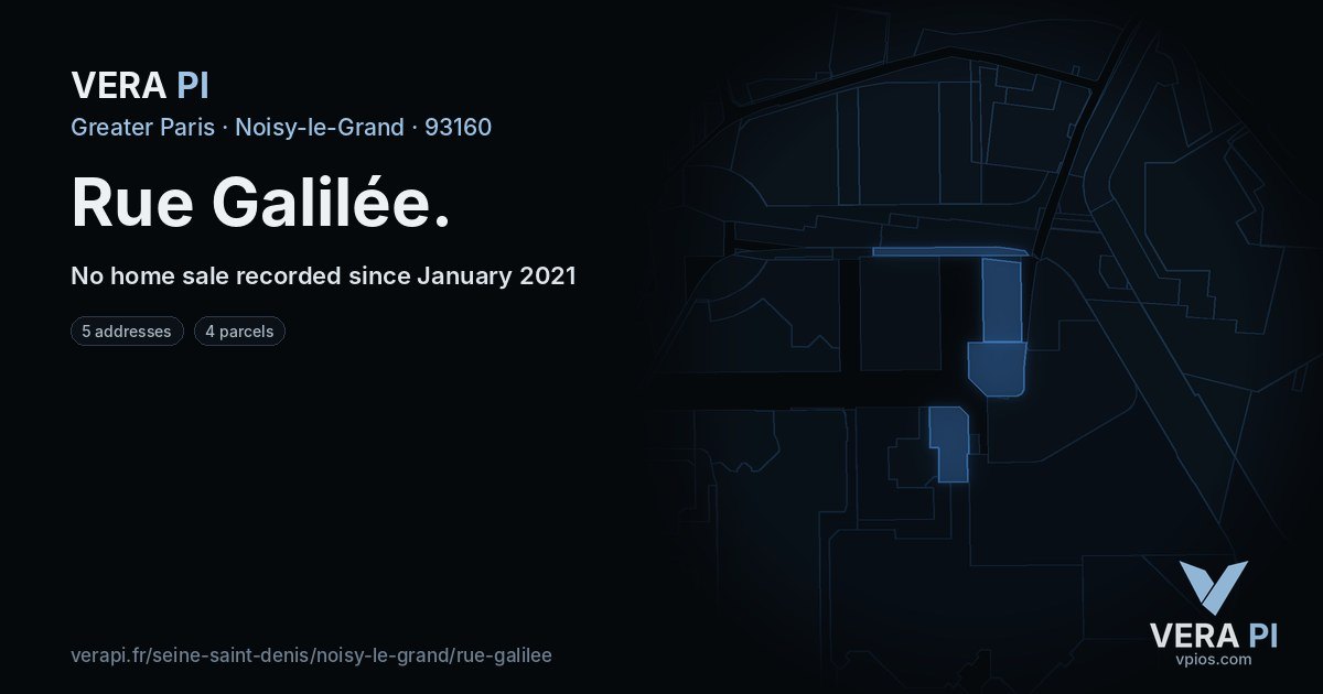 Rue Galilée, Noisy-le-Grand at night – every parcel coloured by the prices around it, the street's own parcels lit