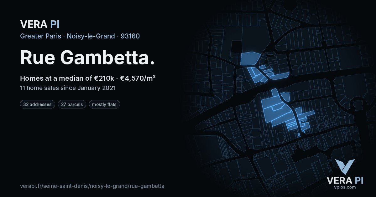 Rue Gambetta, Noisy-le-Grand at night – every parcel coloured by the prices around it, the street's own parcels lit