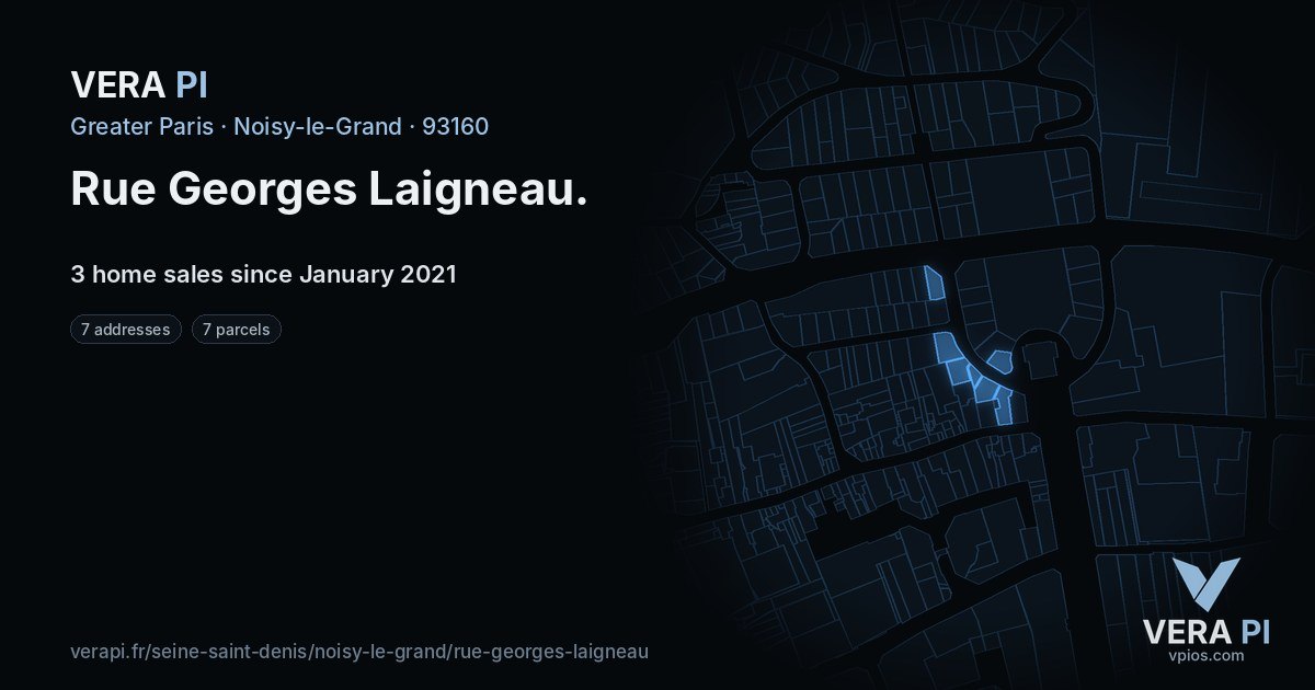 Rue Georges Laigneau, Noisy-le-Grand at night – every parcel coloured by the prices around it, the street's own parcels lit