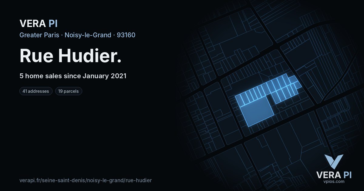 Rue Hudier, Noisy-le-Grand at night – every parcel coloured by the prices around it, the street's own parcels lit