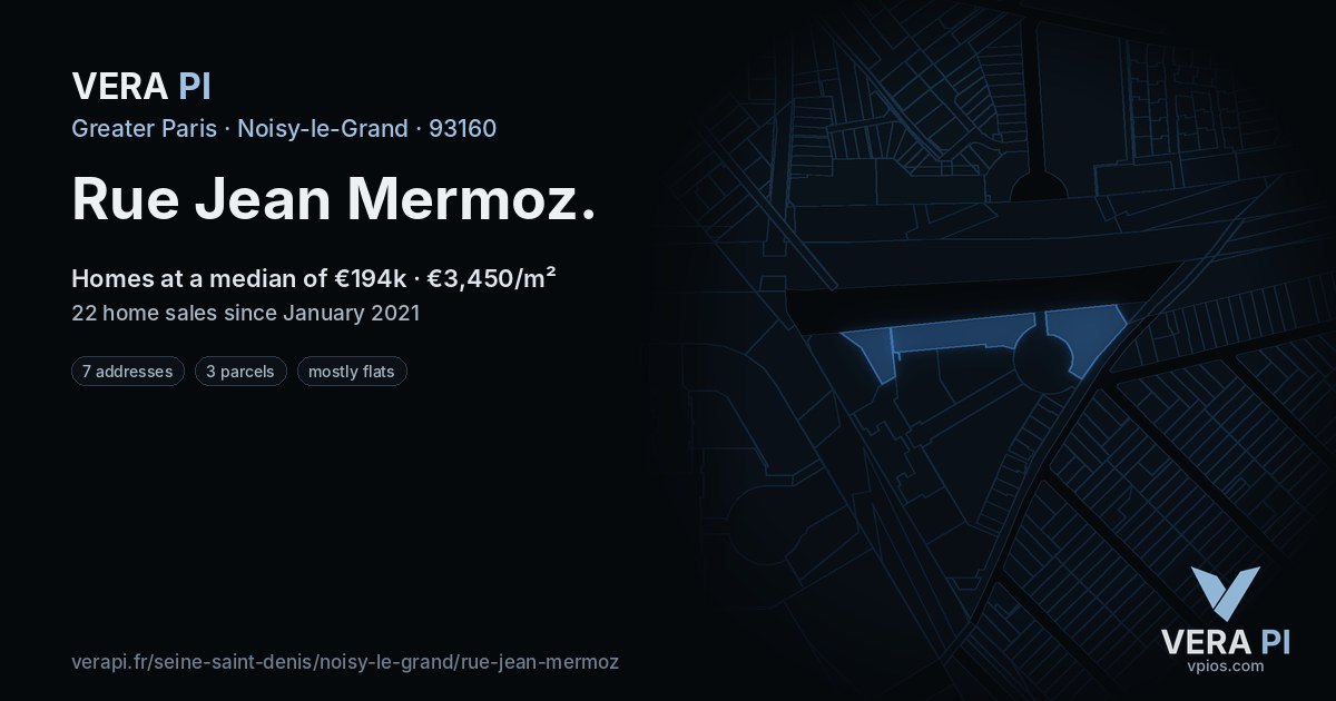 Rue Jean Mermoz, Noisy-le-Grand at night – every parcel coloured by the prices around it, the street's own parcels lit