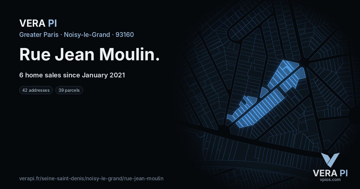Rue Jean Moulin, Noisy-le-Grand at night – every parcel coloured by the prices around it, the street's own parcels lit