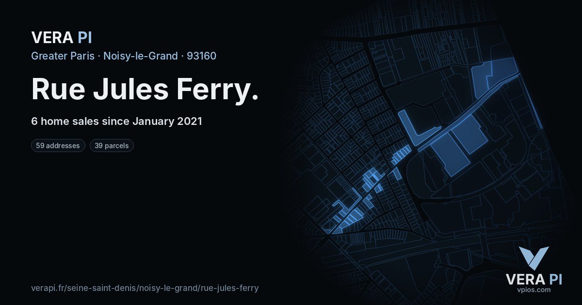 Rue Jules Ferry, Noisy-le-Grand at night – every parcel coloured by the prices around it, the street's own parcels lit