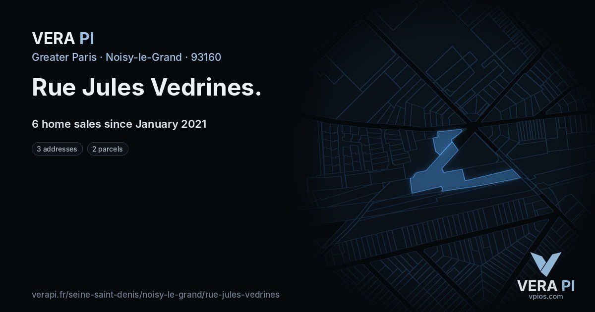 Rue Jules Vedrines, Noisy-le-Grand at night – every parcel coloured by the prices around it, the street's own parcels lit