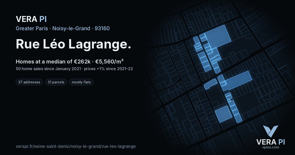 Rue Léo Lagrange, Noisy-le-Grand at night – every parcel coloured by the prices around it, the street's own parcels lit