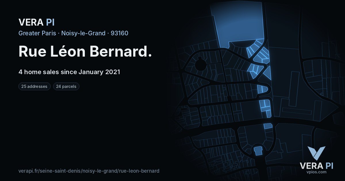 Rue Léon Bernard, Noisy-le-Grand at night – every parcel coloured by the prices around it, the street's own parcels lit
