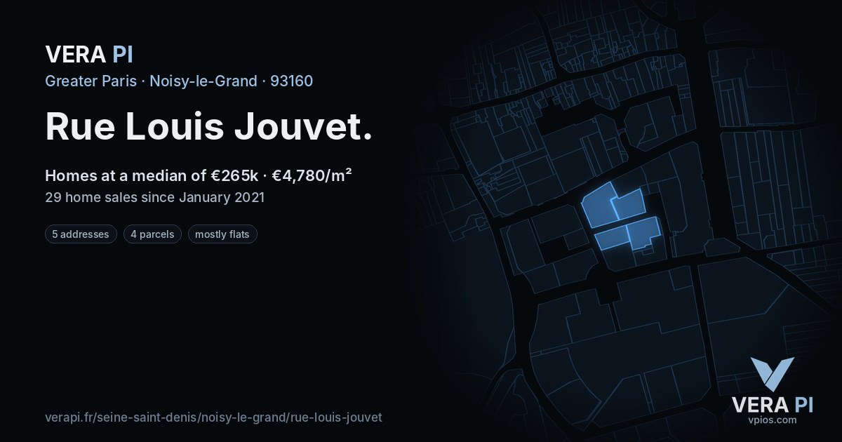 Rue Louis Jouvet, Noisy-le-Grand at night – every parcel coloured by the prices around it, the street's own parcels lit