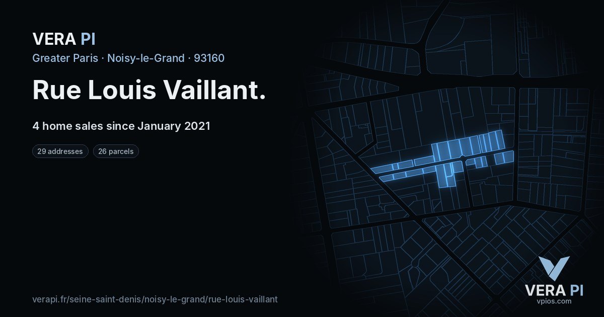 Rue Louis Vaillant, Noisy-le-Grand at night – every parcel coloured by the prices around it, the street's own parcels lit