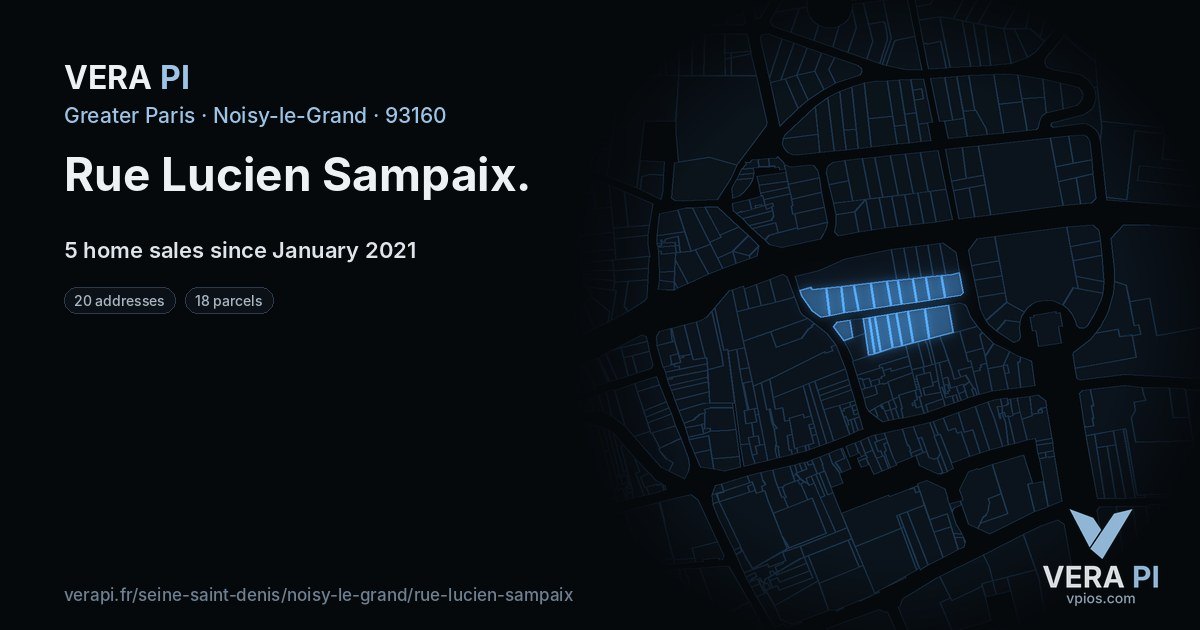 Rue Lucien Sampaix, Noisy-le-Grand at night – every parcel coloured by the prices around it, the street's own parcels lit
