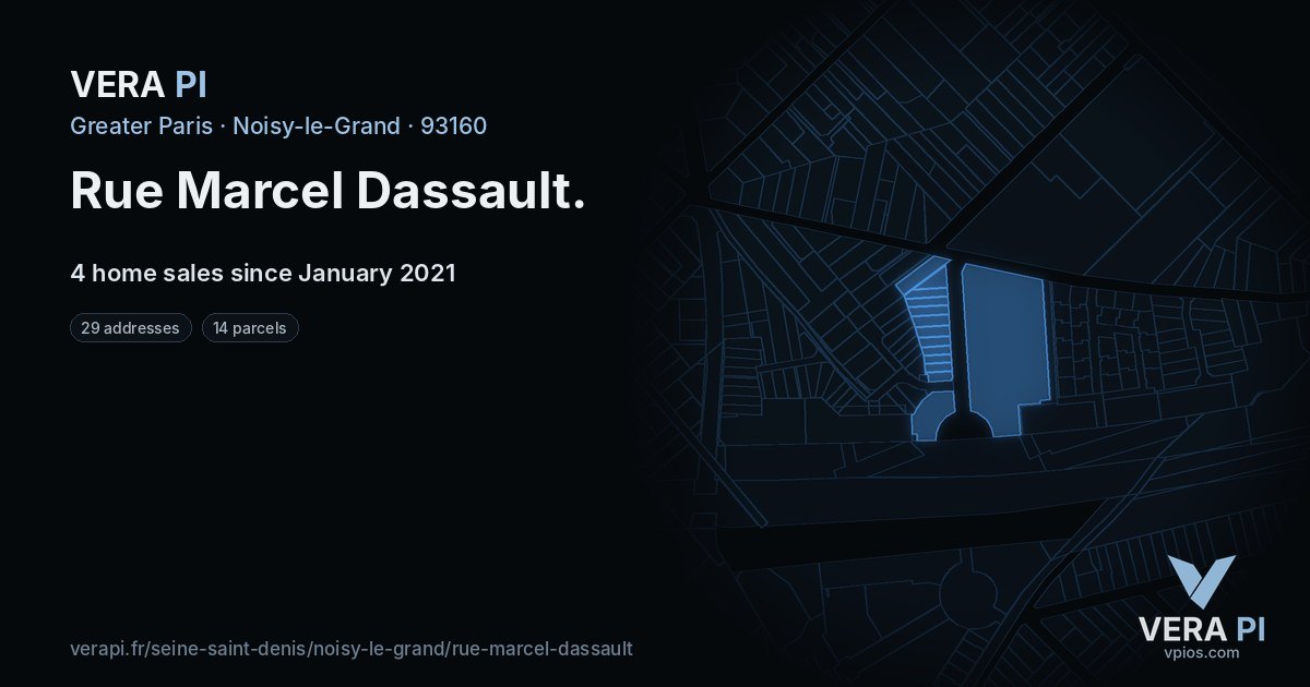 Rue Marcel Dassault, Noisy-le-Grand at night – every parcel coloured by the prices around it, the street's own parcels lit