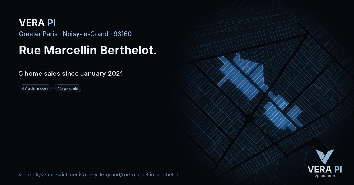 Rue Marcellin Berthelot, Noisy-le-Grand at night – every parcel coloured by the prices around it, the street's own parcels lit