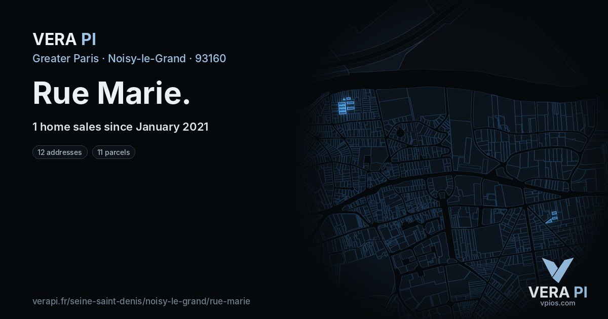 Rue Marie, Noisy-le-Grand at night – every parcel coloured by the prices around it, the street's own parcels lit