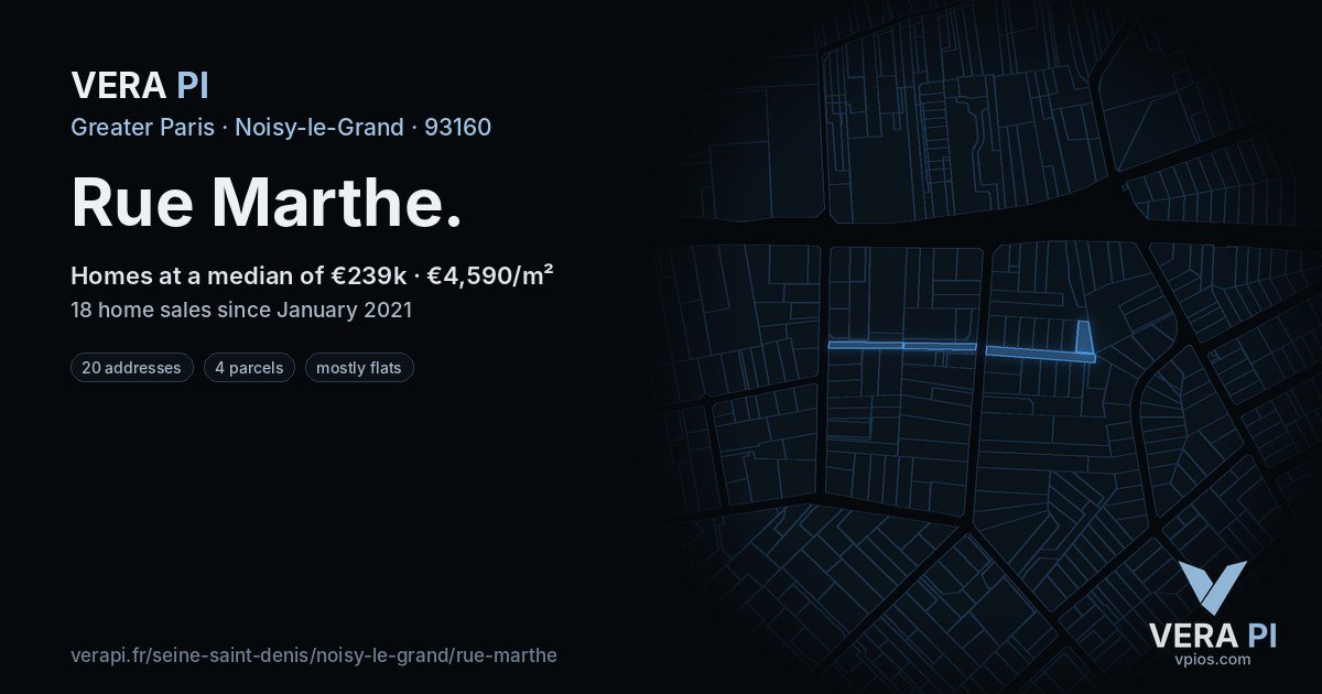 Rue Marthe, Noisy-le-Grand at night – every parcel coloured by the prices around it, the street's own parcels lit