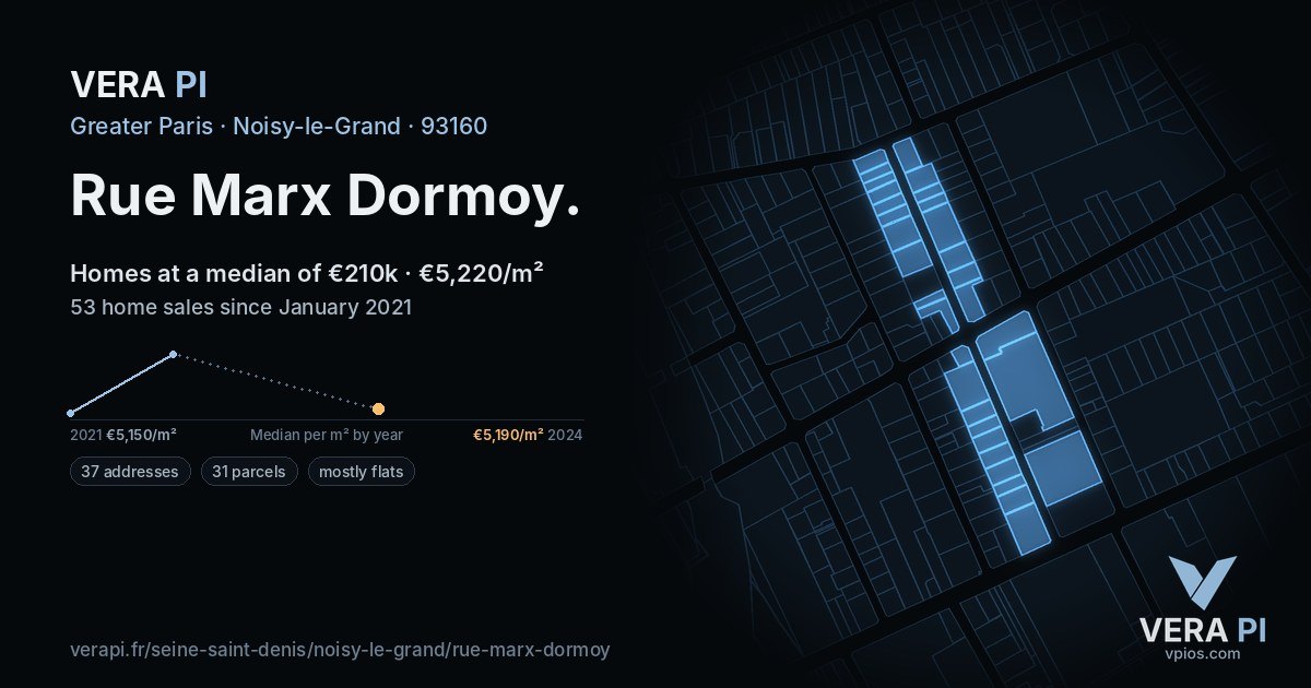 Rue Marx Dormoy, Noisy-le-Grand at night – every parcel coloured by the prices around it, the street's own parcels lit