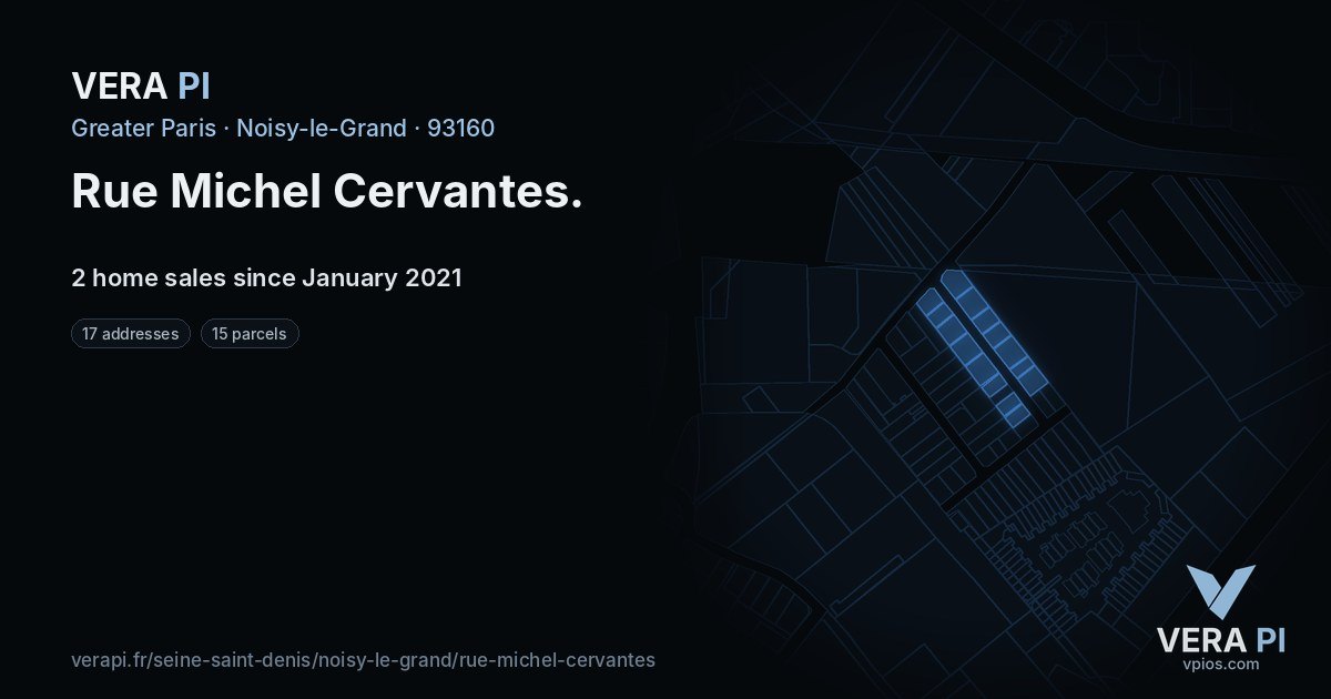 Rue Michel Cervantes, Noisy-le-Grand at night – every parcel coloured by the prices around it, the street's own parcels lit