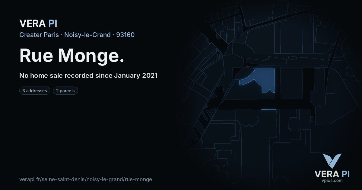Rue Monge, Noisy-le-Grand at night – every parcel coloured by the prices around it, the street's own parcels lit