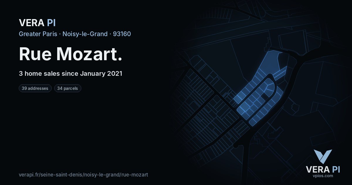 Rue Mozart, Noisy-le-Grand at night – every parcel coloured by the prices around it, the street's own parcels lit