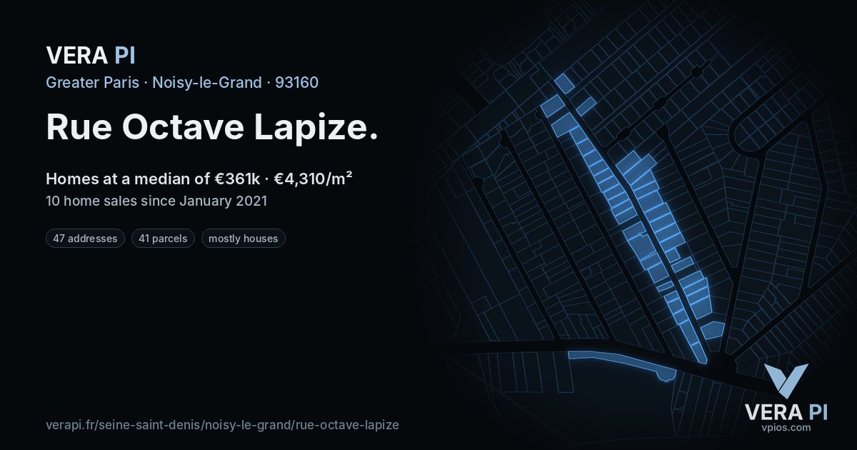 Rue Octave Lapize, Noisy-le-Grand at night – every parcel coloured by the prices around it, the street's own parcels lit