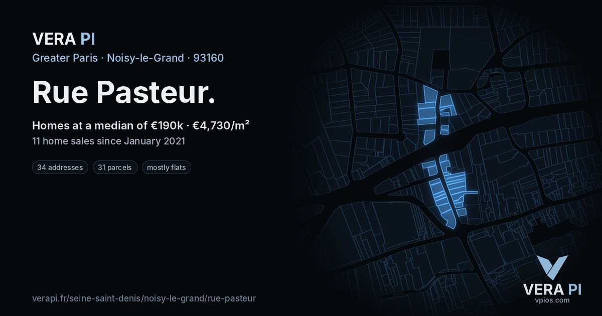 Rue Pasteur, Noisy-le-Grand at night – every parcel coloured by the prices around it, the street's own parcels lit