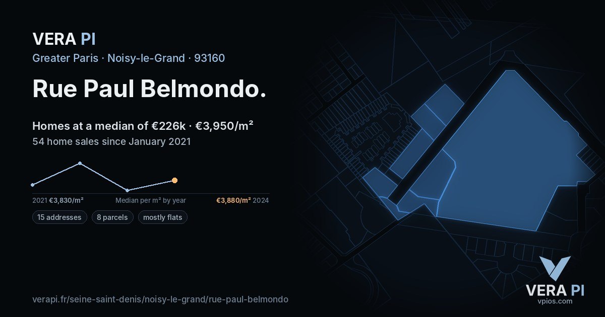 Rue Paul Belmondo, Noisy-le-Grand at night – every parcel coloured by the prices around it, the street's own parcels lit