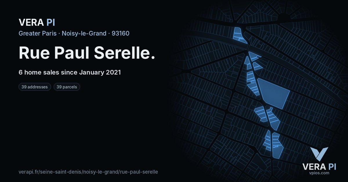 Rue Paul Serelle, Noisy-le-Grand at night – every parcel coloured by the prices around it, the street's own parcels lit