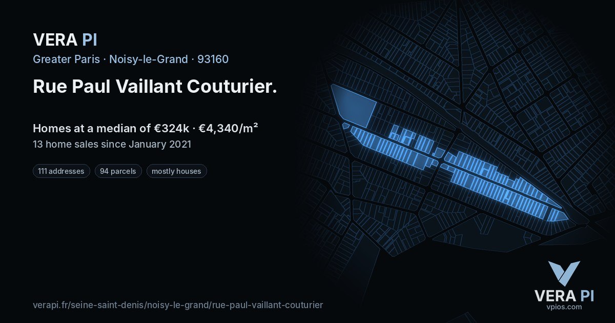 Rue Paul Vaillant Couturier, Noisy-le-Grand at night – every parcel coloured by the prices around it, the street's own parcels lit
