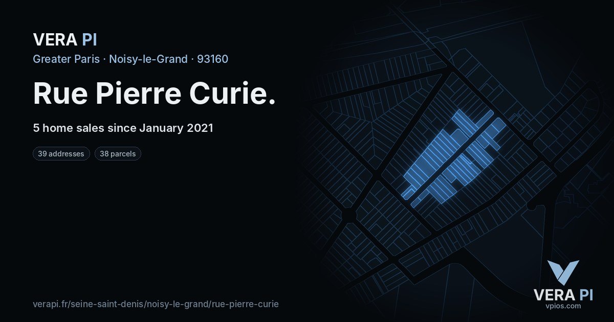 Rue Pierre Curie, Noisy-le-Grand at night – every parcel coloured by the prices around it, the street's own parcels lit