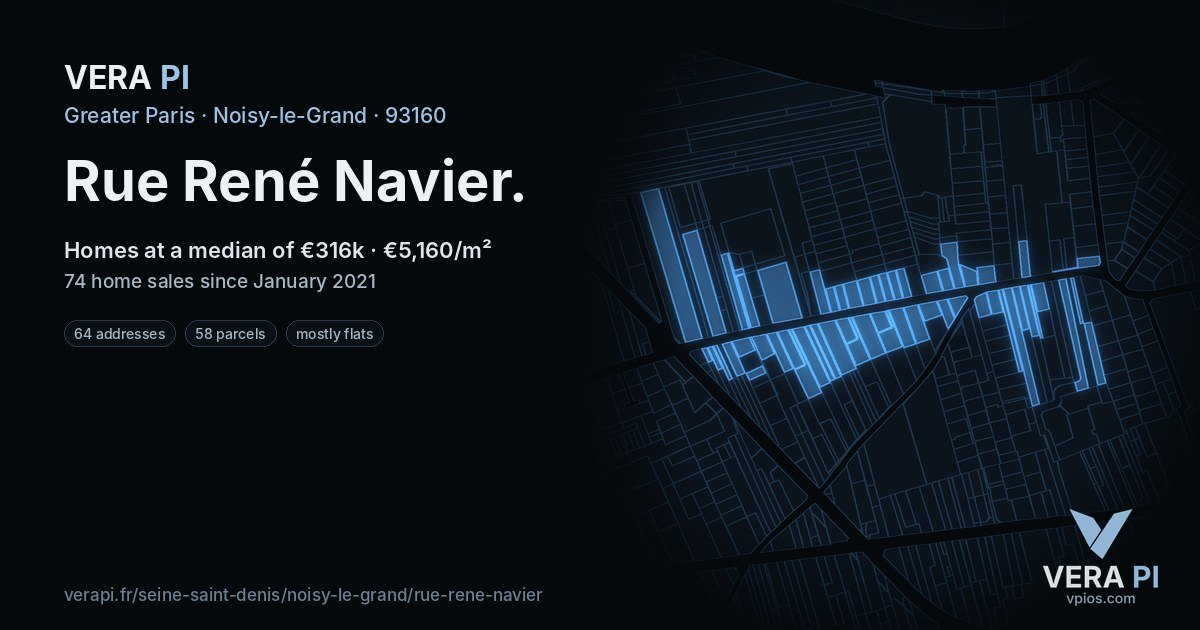 Rue René Navier, Noisy-le-Grand at night – every parcel coloured by the prices around it, the street's own parcels lit