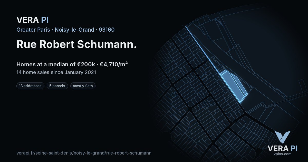 Rue Robert Schumann, Noisy-le-Grand at night – every parcel coloured by the prices around it, the street's own parcels lit