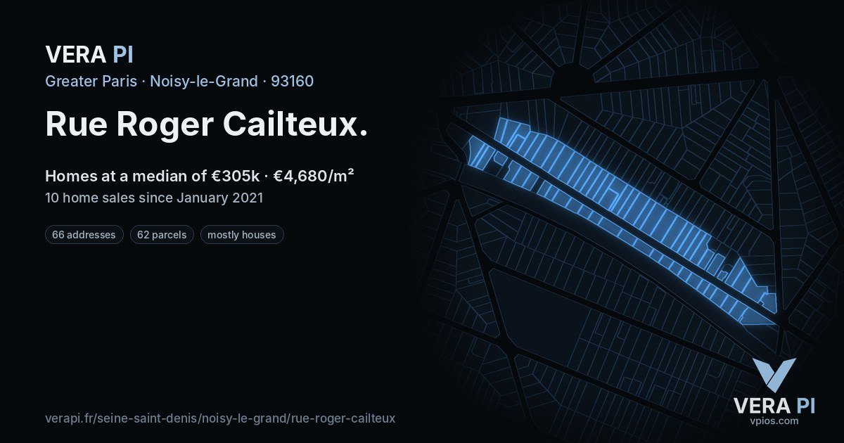 Rue Roger Cailteux, Noisy-le-Grand at night – every parcel coloured by the prices around it, the street's own parcels lit
