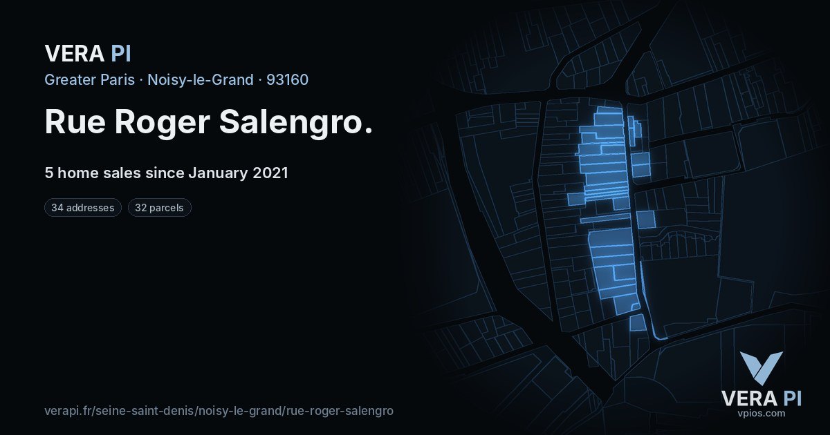 Rue Roger Salengro, Noisy-le-Grand at night – every parcel coloured by the prices around it, the street's own parcels lit