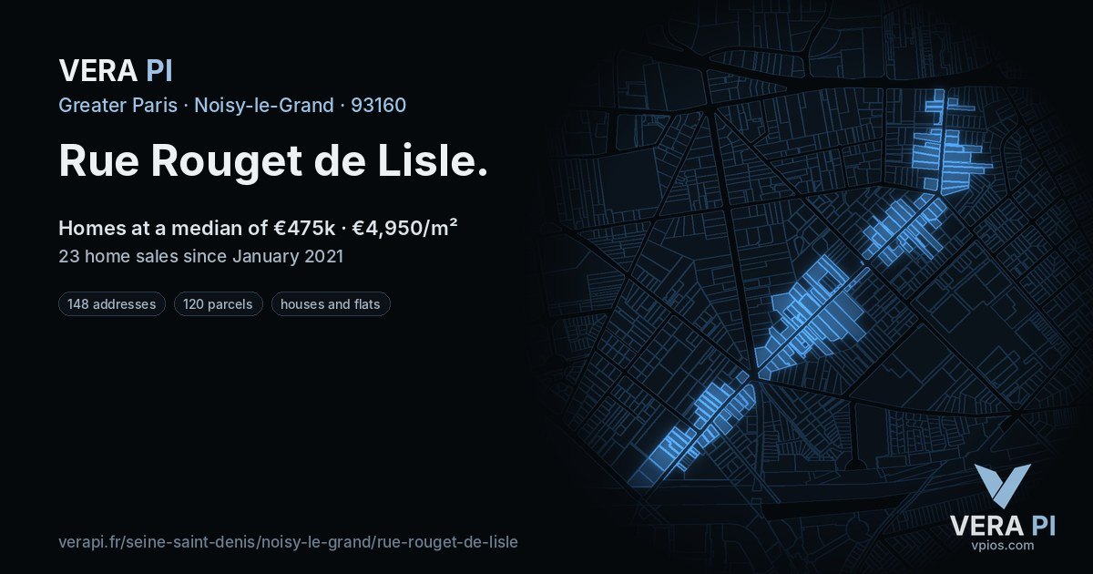 Rue Rouget de Lisle, Noisy-le-Grand at night – every parcel coloured by the prices around it, the street's own parcels lit