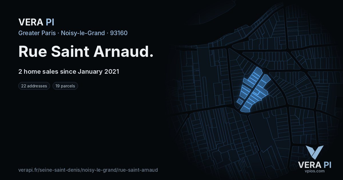 Rue Saint Arnaud, Noisy-le-Grand at night – every parcel coloured by the prices around it, the street's own parcels lit